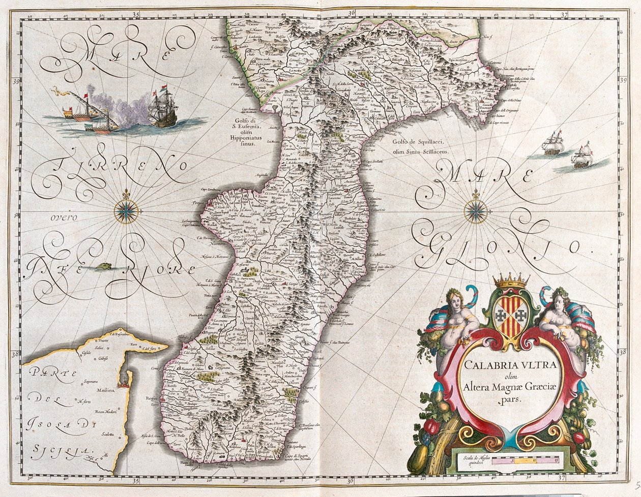Calabria déli része, Olaszország, Willem Blaeu, Amszterdam, "Theatrum Orbis Terrarum, sive Atlas Novus" című művében. alkotó: Willem Blaeu