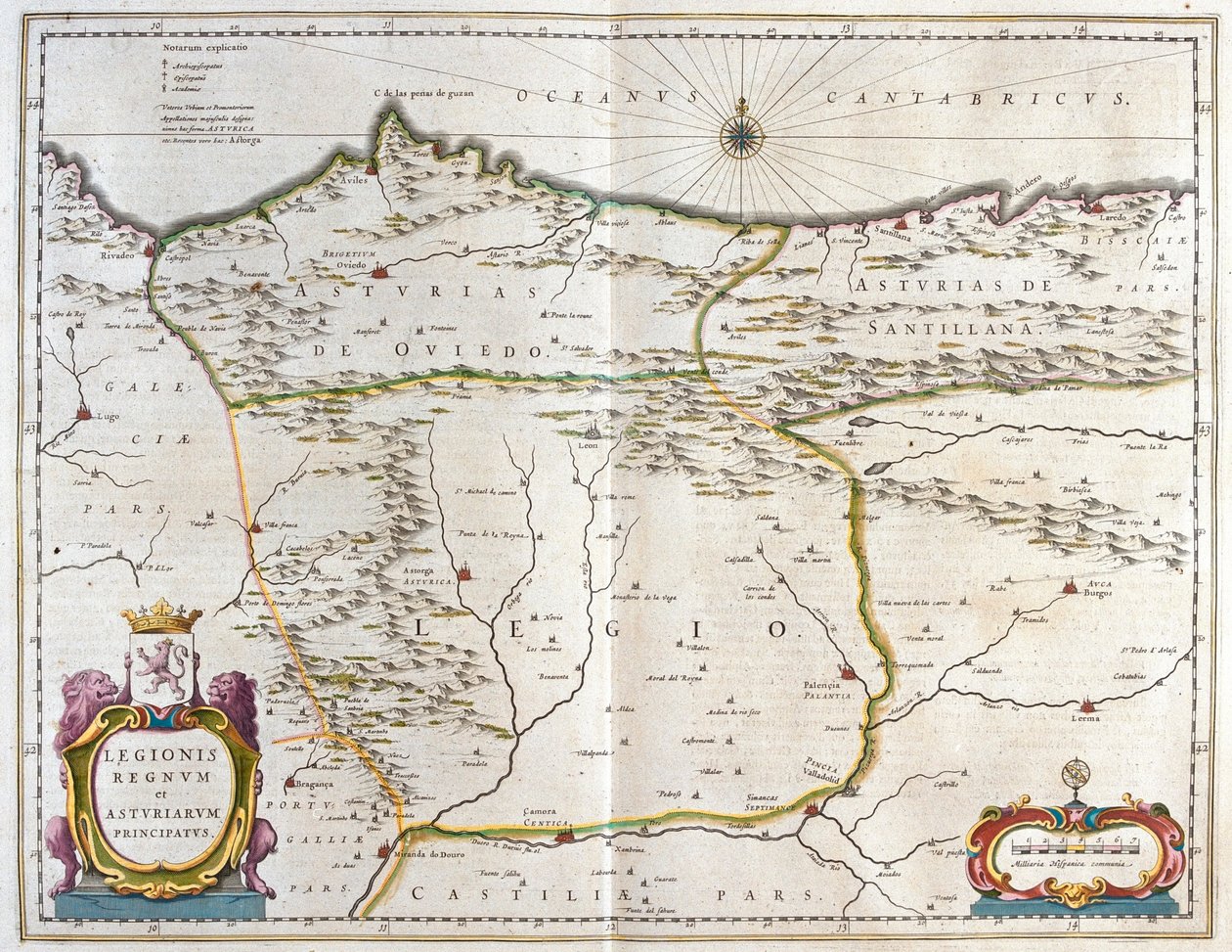 Asztúria, Kasztília és León spanyol tartomány, beleértve Oviedo, León, Santander és Valladolid városokat, Willem Blaeu, Amszterdam, "Theatrum Orbis Terrarum, sive Atlas Novus" című művében. alkotó: Willem Blaeu
