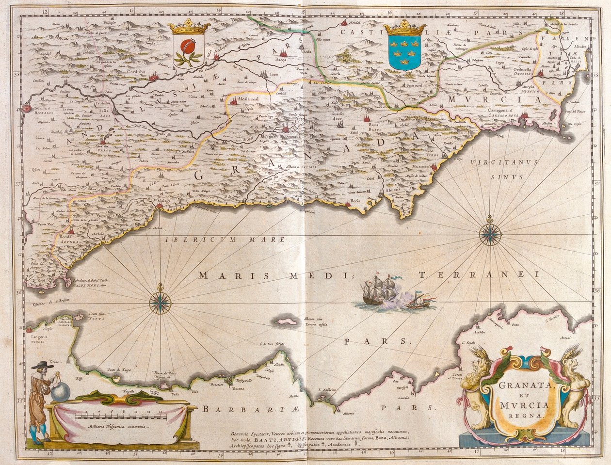a Gibraltári-szoros Alicantéig, a Guagalquivir-völgyig és Sevilláig, valamint Észak-Afrika partvidékéig, Willem Blaeu "Theatrum Orbis Terrarum, sive Atlas Novus" című művében, Amszterdam. alkotó: Willem Blaeu