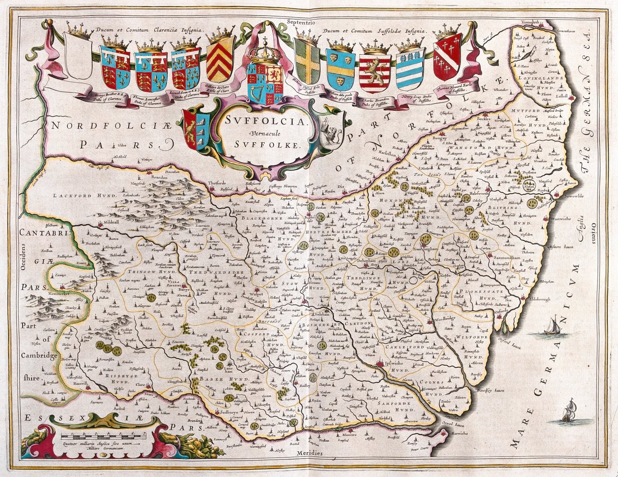 Suffolk, a Willem Blaeu által készített "Theatrum Orbis Terrarum, sive Atlas Novus"-ban, Amszterdam, Amszterdam alkotó: Willem Blaeu