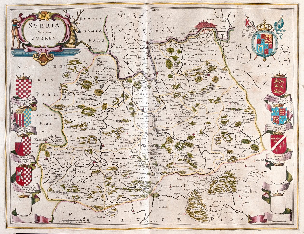 Surrey, a Willem Blaeu által készített "Theatrum Orbis Terrarum, sive Atlas Novus"-ban (Amszterdam). alkotó: Willem Blaeu