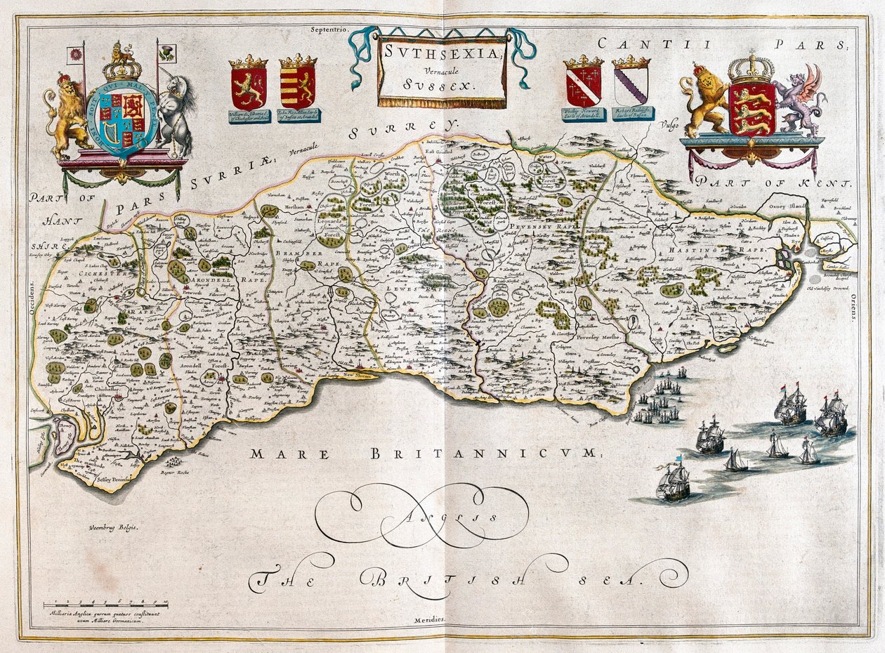 Sussex, a Willem Blaeu által készített "Theatrum Orbis Terrarum, sive Atlas Novus"-ban (Amszterdam). alkotó: Willem Blaeu