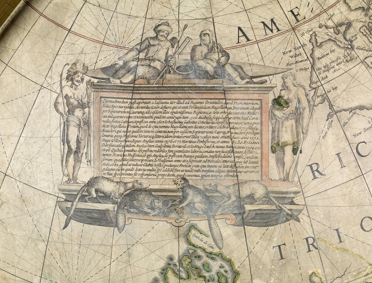 Földi földgömb, Cartouche részlete, 1650 körül (papírmasé, gipsz, rézkarc, tinta, lakk, sárgaréz, fa, papír) alkotó: Willem Blaeu