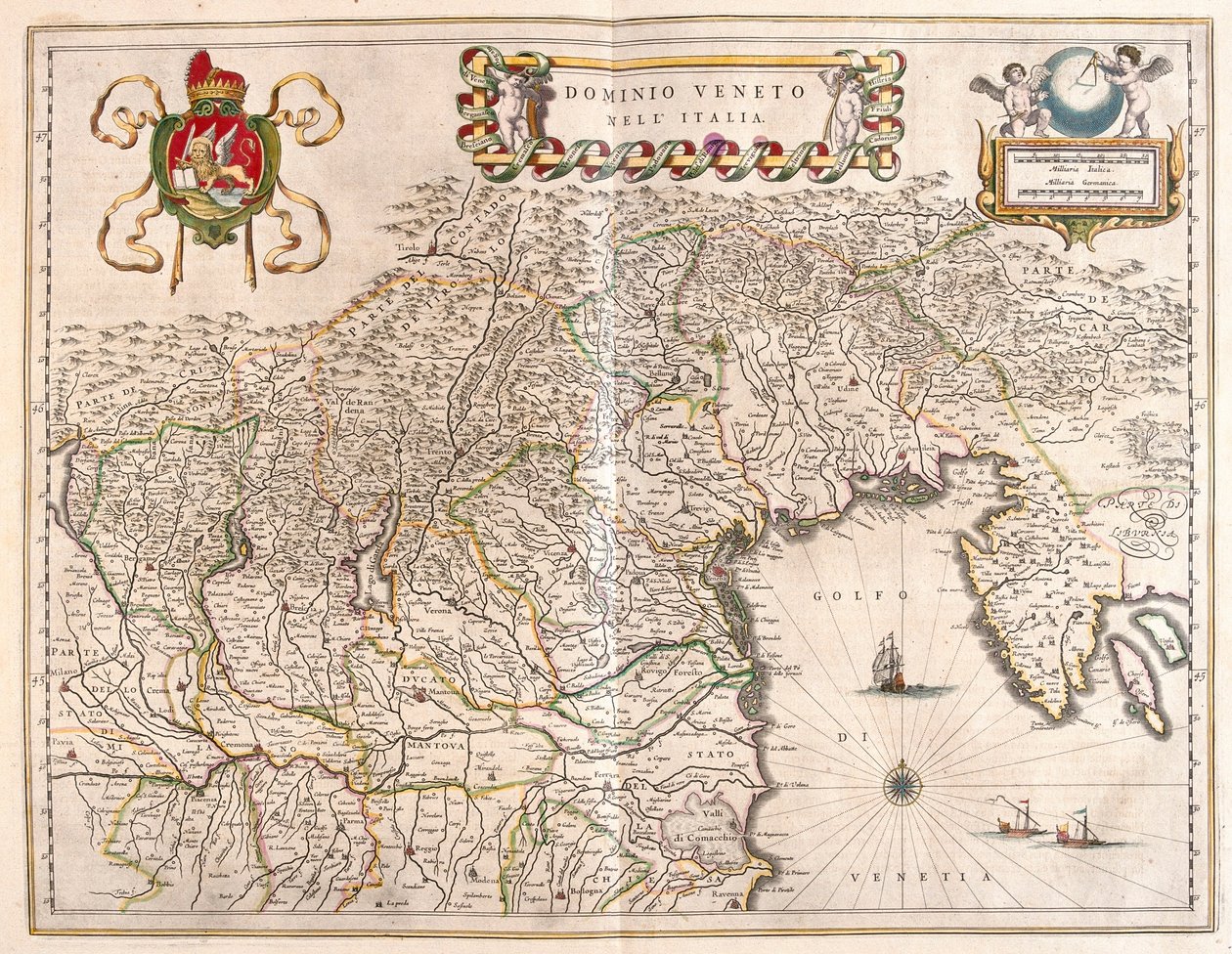 Venetói Terriory és Terviso, Olaszország, Willem Blaeu "Theatrum Orbis Terrarum, sive Atlas Novus" című művében, Amszterdam. alkotó: Willem Blaeu