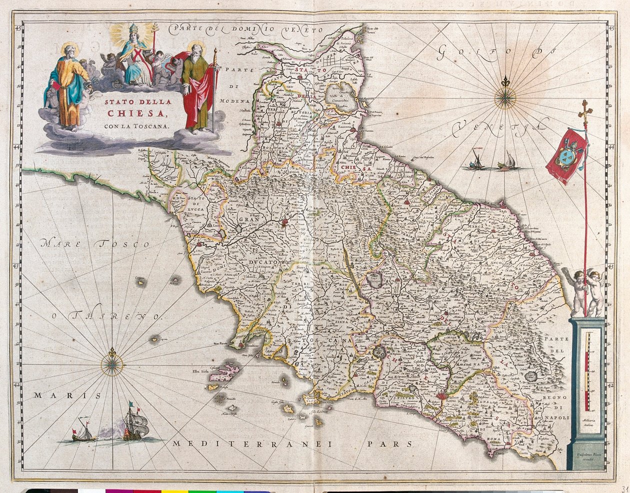 Toszkána és Vatikán, Olaszország, Willem Blaeu, Amszterdam, "Theatrum Orbis Terrarum, sive Atlas Novus" című művében. alkotó: Willem Blaeu