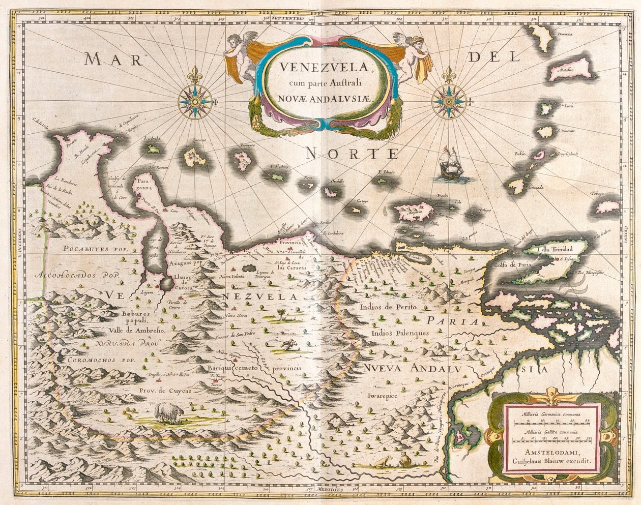 Venezuela, Trinidad, Tobago, Tortuga, Antillák , Karib-térség, Willem Blaeu, Amszterdam, "Theatrum Orbis Terrarum, sive Atlas Novus" című kötetében. alkotó: Willem Blaeu
