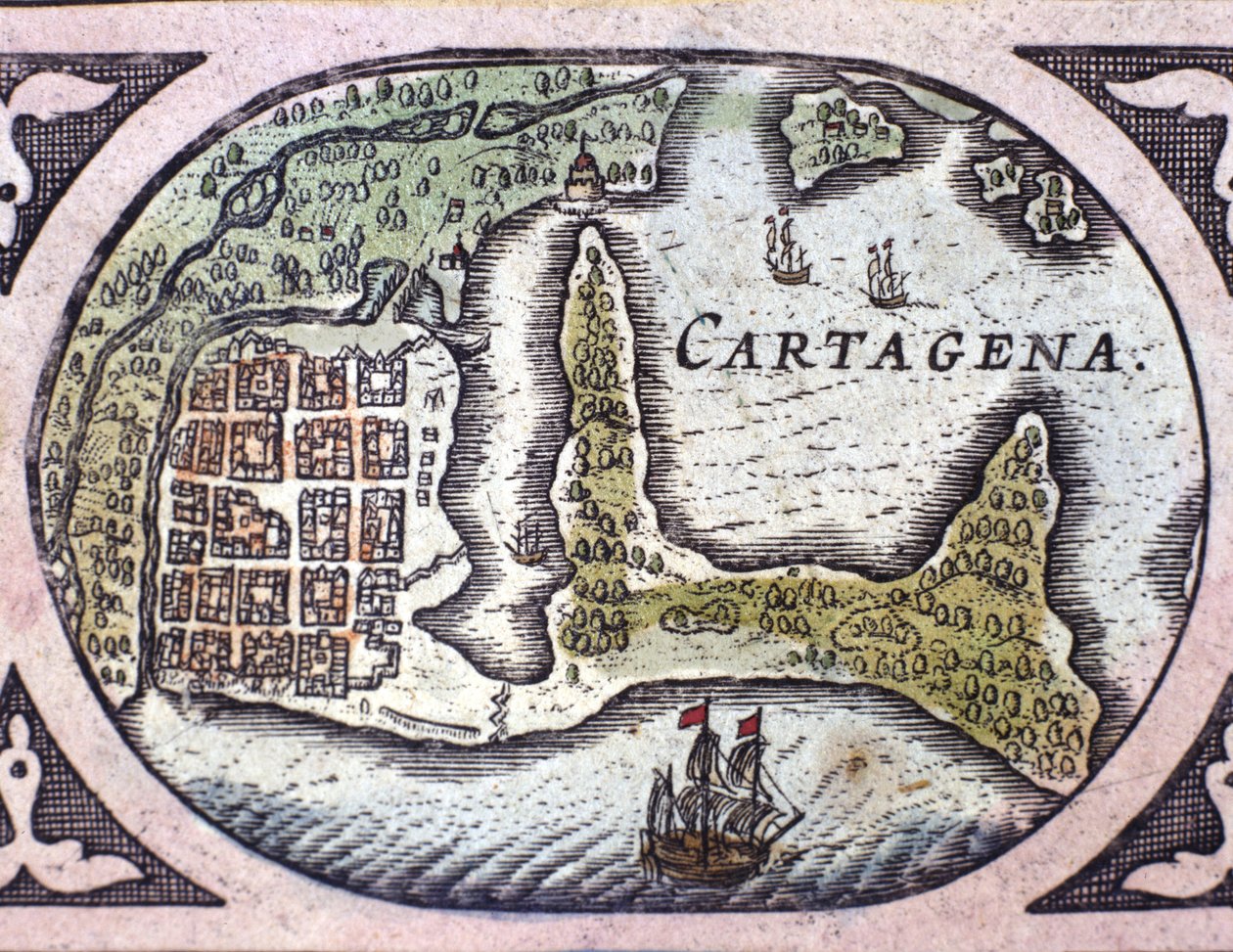 Kilátás Cartagenára Kolumbiában (Dél-Amerika). Willem Janszoon Blaeu (1571-1638) „” Le Theater du Monde” atlasz térképének részlete alkotó: Willem Blaeu