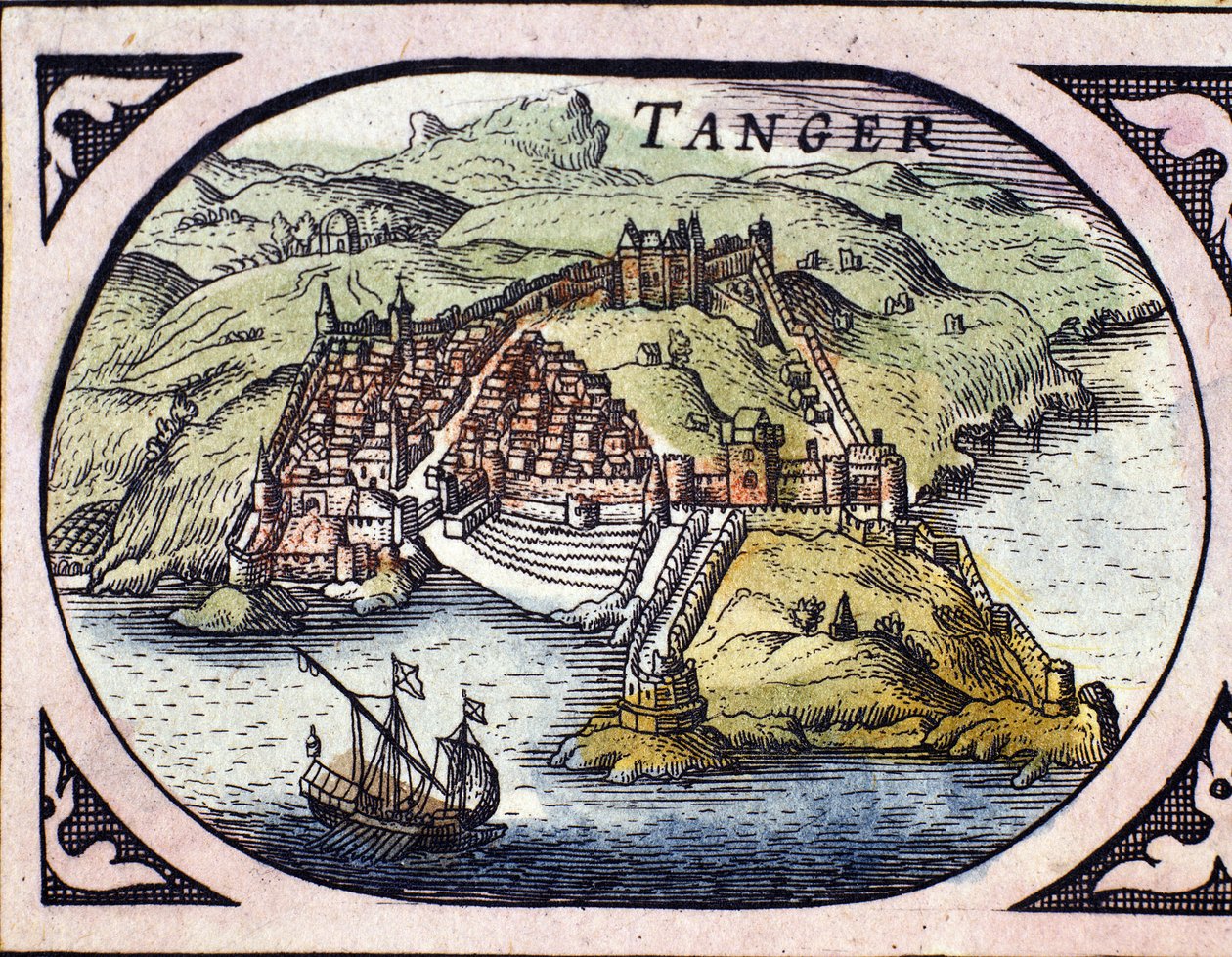 Kilátás a megerősített Tanger városra és a tengerpartra, Marokkó. Térkép a holland atlaszból, W. G. Blaeu, Amszterdam alkotó: Willem Blaeu