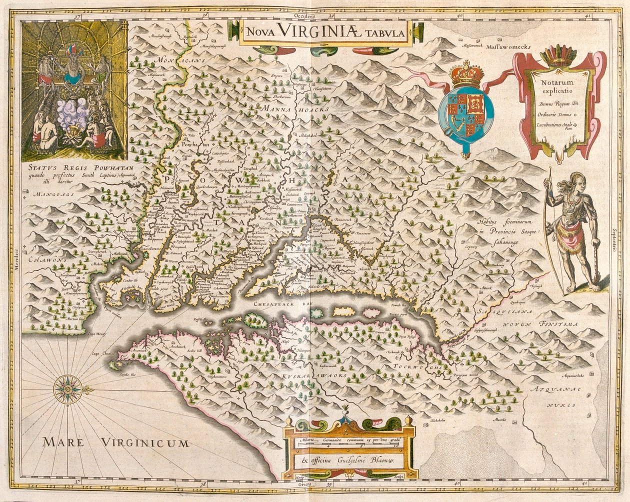 Virginia és a Chesapeake régió, Willem Blaeu, Amszterdam, "Theatrum Orbis Terrarum, sive Atlas Novus" című művében. alkotó: Willem Blaeu