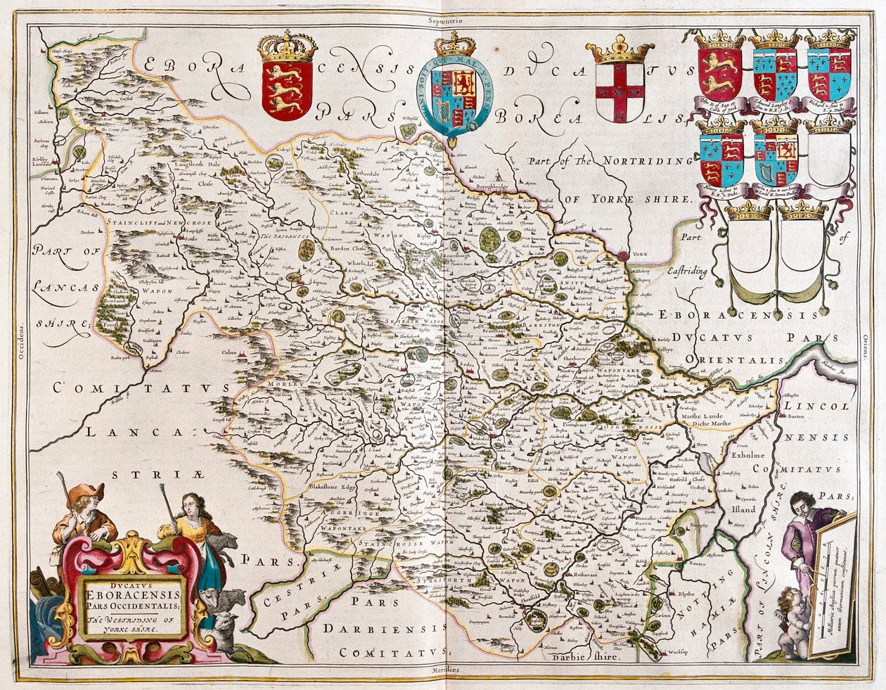 West riding of Yorkshire, a Willem Blaeu által készített "Theatrum Orbis Terrarum, sive Atlas Novus"-ban (Amszterdam). alkotó: Willem Blaeu