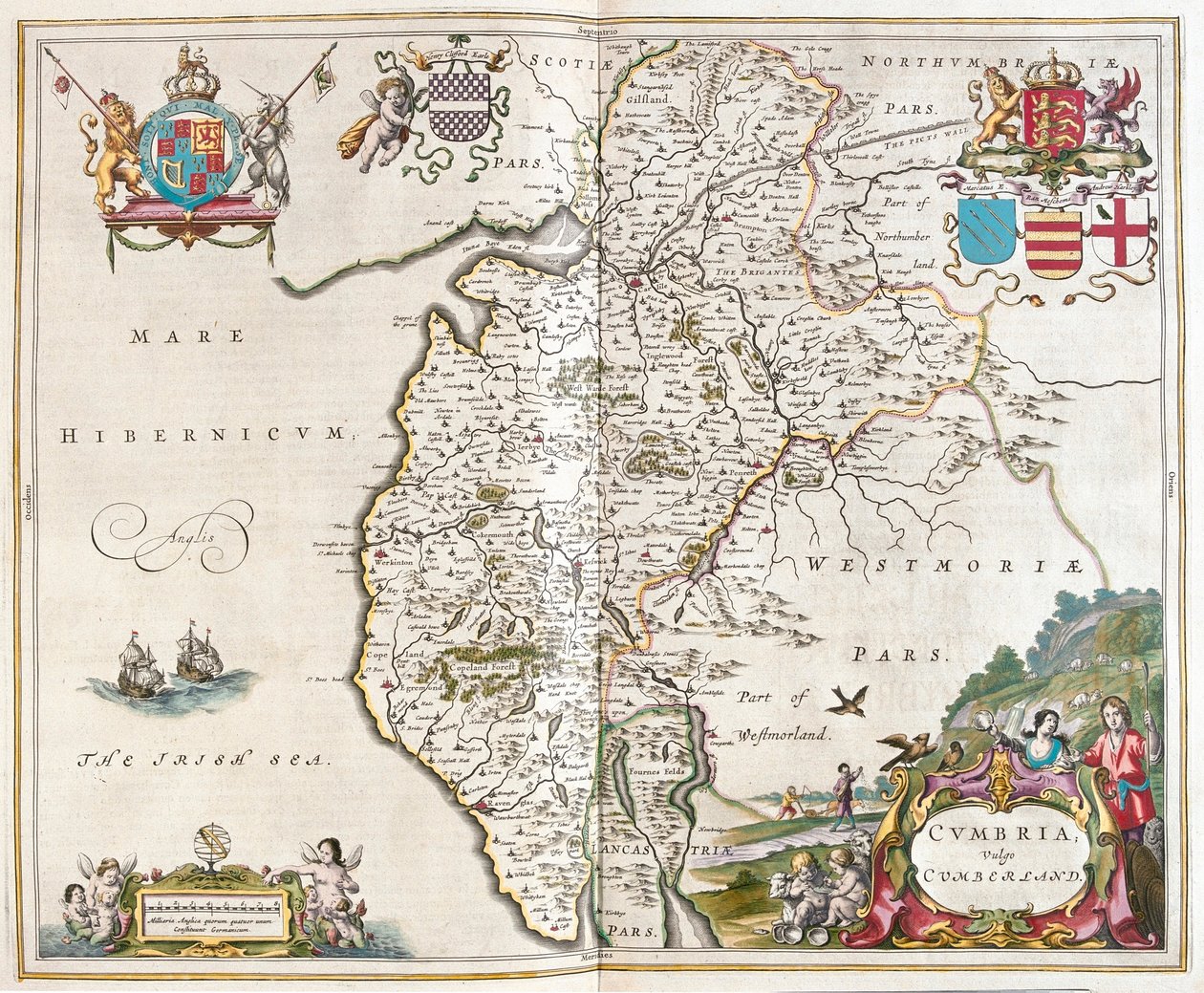 Westmorland - cumbriai tóvidék, Willem Blaeu, Amszterdam, "Theatrum Orbis Terrarum, sive Atlas Novus" című művében. alkotó: Willem Blaeu