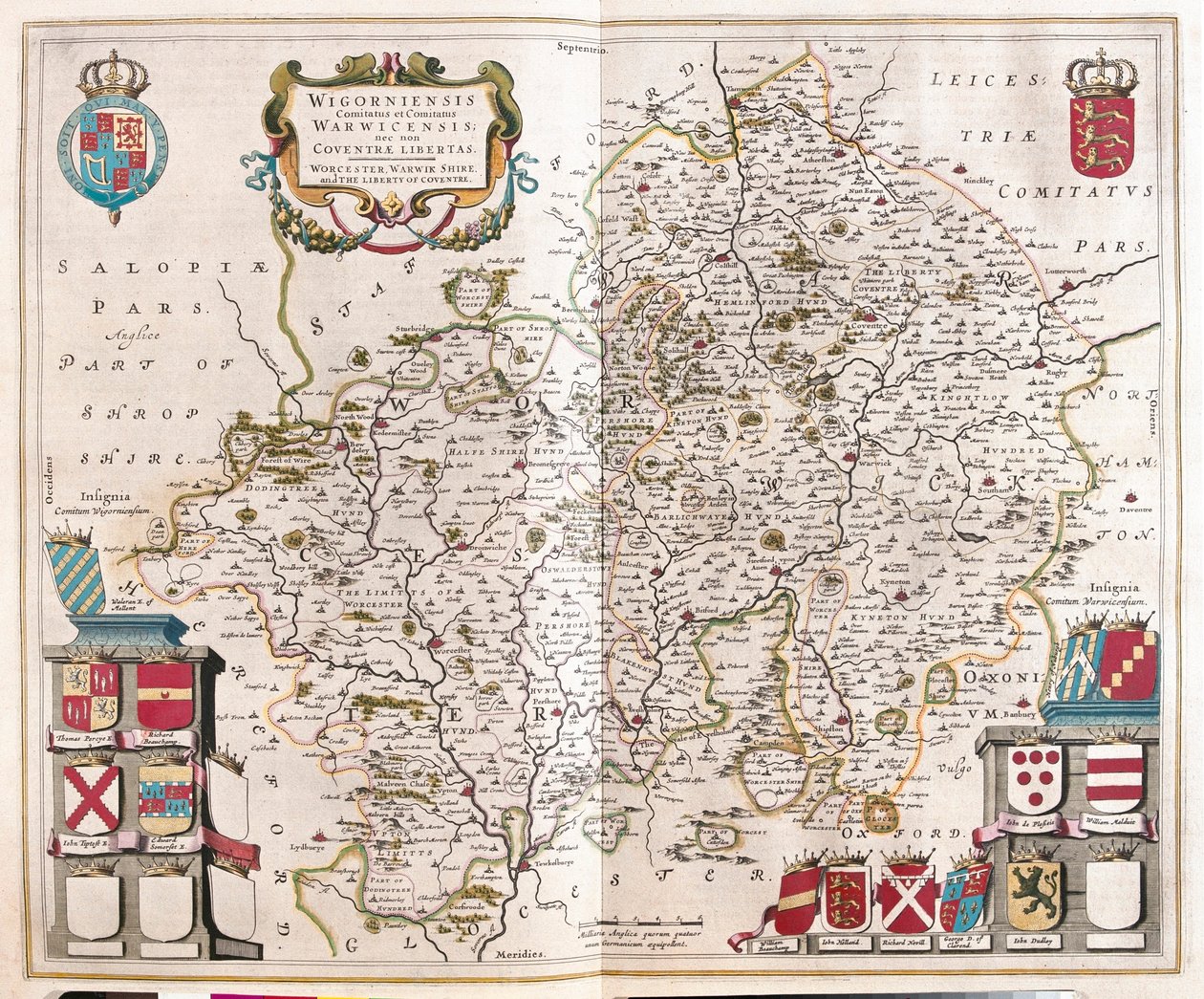 Worcestershire, warwikshire, a Willem Blaeu által készített "Theatrum Orbis Terrarum, sive Atlas Novus"-ban (Amszterdam). alkotó: Willem Blaeu