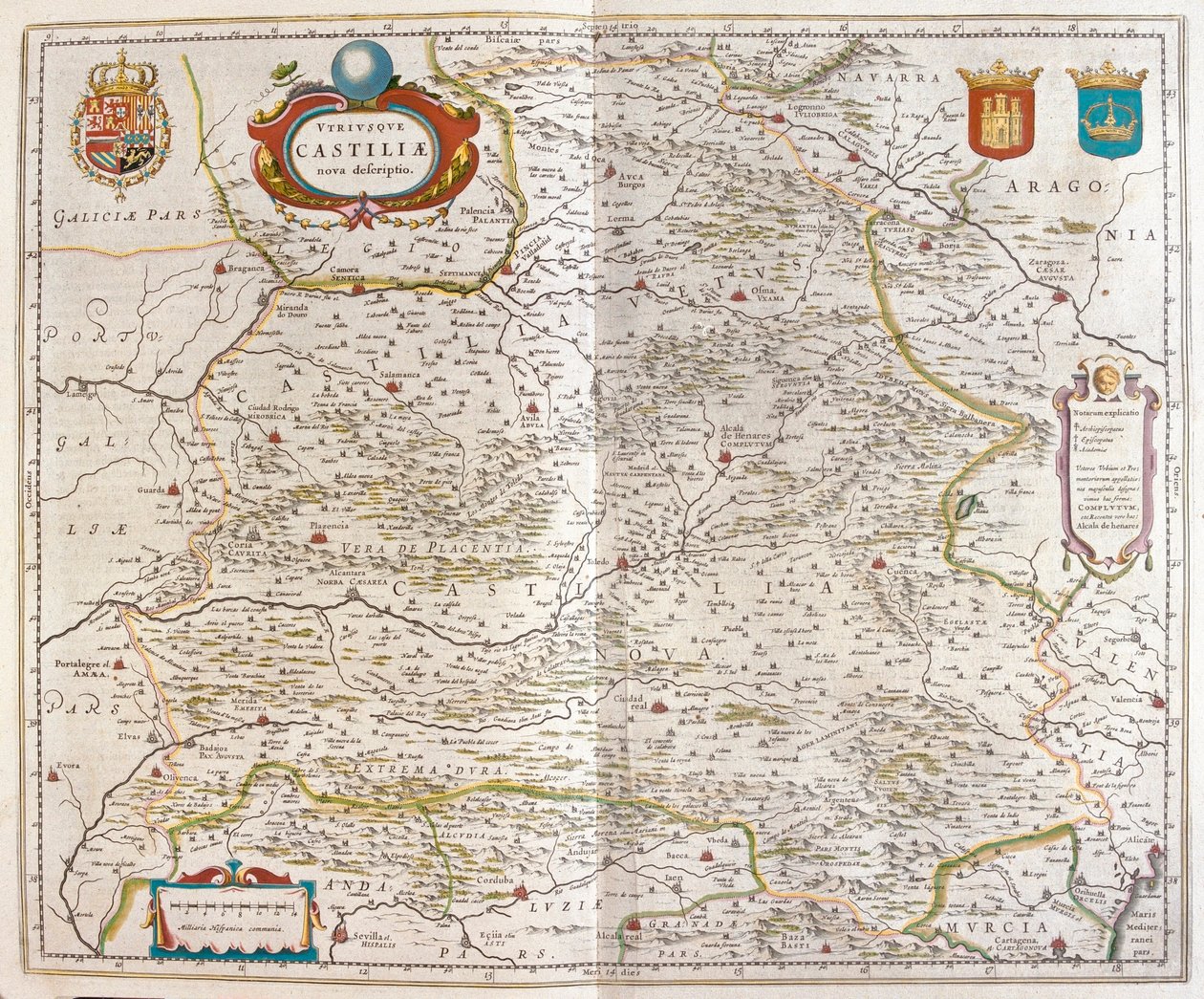 Zaragoza, Valencia, Alicante, Cartagena, Madrid, Cordoba, Sevilla, Salamanca, Palencia, Segovia, Toledo, Cuenca, Granada, Willem Blaeu, Amszterdam, "Theatrum Orbis Terrarum, sive Atlas Novus" című művében. alkotó: Willem Blaeu
