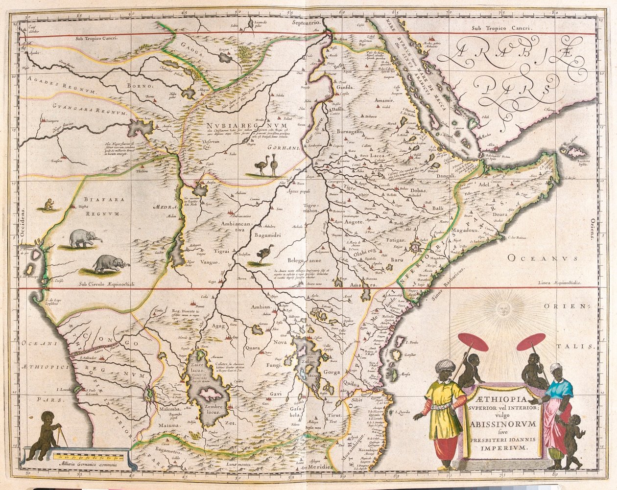 Közép- és Kelet-Afrika, beleértve Mozambikot is, Willem Blaeu "Theatrum Orbis Terrarum, sive Atlas Novus" című könyvében, Amszterdam, Amszterdam. alkotó: Willem Blaeu