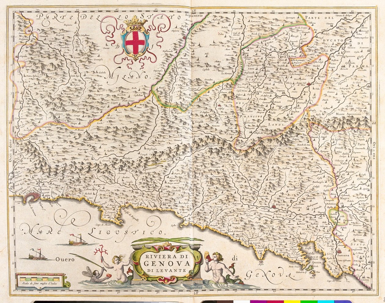 iKeleti Riviéra Liguria, Olaszország, n "Theatrum Orbis Terrarum, sive Atlas Novus", szerző: Willem Blaeu, Amszterdam alkotó: Willem Blaeu
