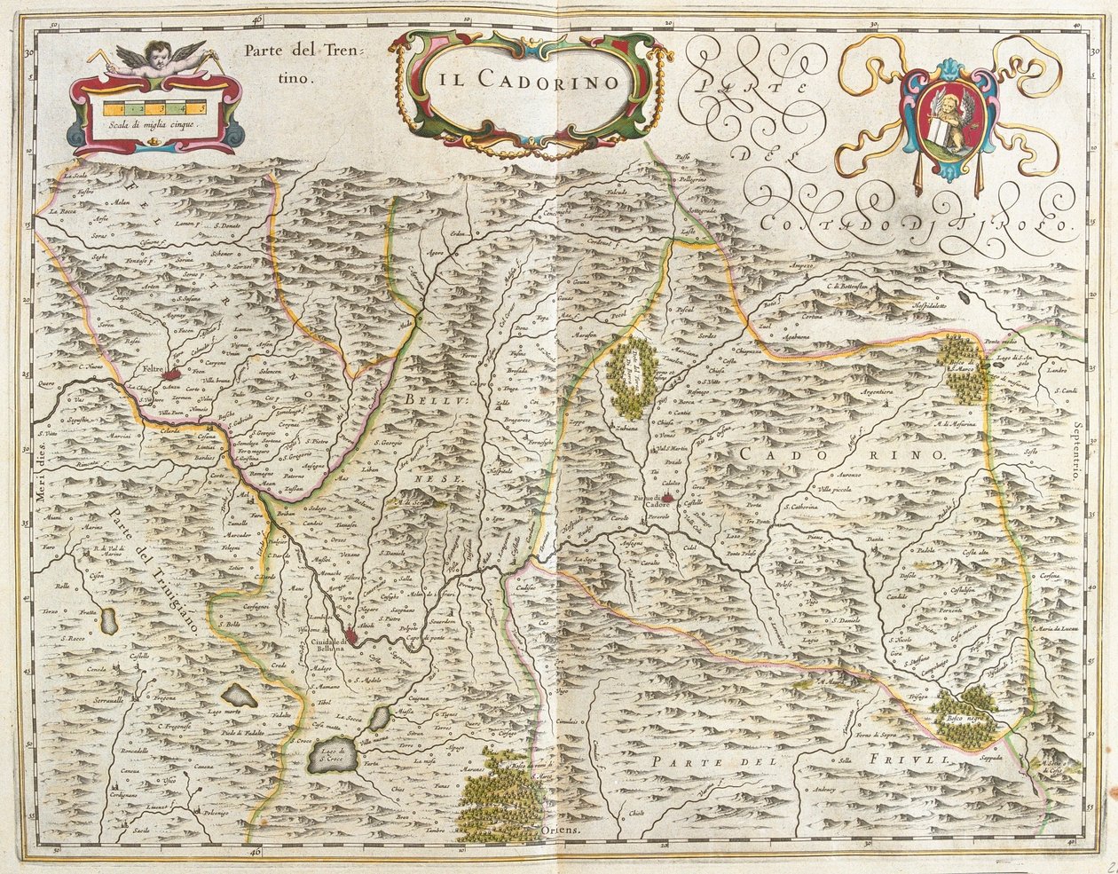 il Cadore (veneto) Olaszország, a Willem Blaeu által készített "Theatrum Orbis Terrarum, sive Atlas Novus"-ban (Amszterdam). alkotó: Willem Blaeu