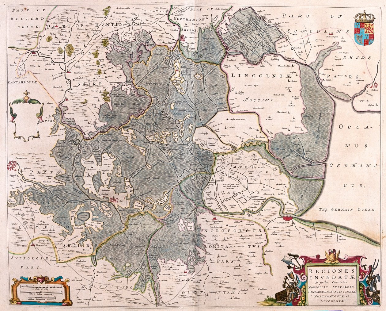 Norfolk, Suffolk, Huntington, Northampton Cambridge és Lincoln "elárasztott területei", Willem Blaeu, Amszterdam, "Theatrum Orbis Terrarum, sive Atlas Novus" című művében. alkotó: Willem Blaeu