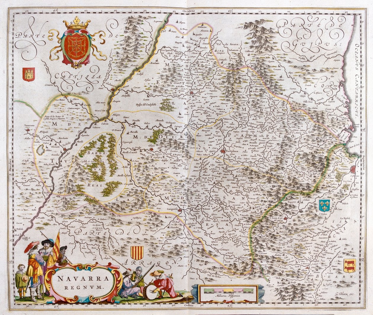 a Pamplonát, Bayonne-t és San Sebastiant is magában foglaló régió, Willem Blaeu, Amszterdam, "Theatrum Orbis Terrarum, sive Atlas Novus" című művében. alkotó: Willem Blaeu