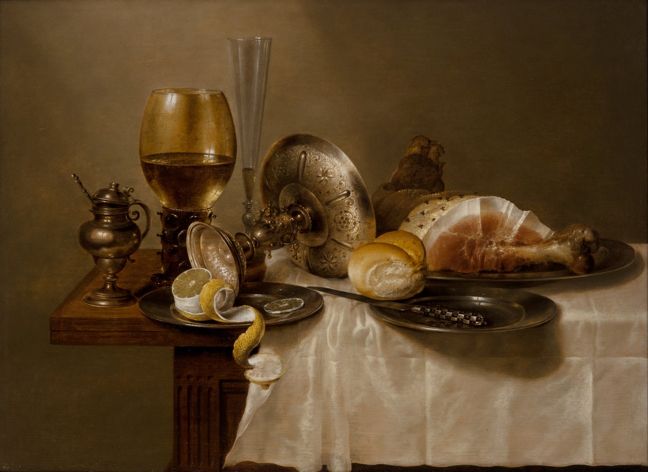 Csendélet Roemerrel, Felborított ezüst tazza, fuvola, zsemle és sonkája az asztalon alkotó: Willem Claesz. Heda