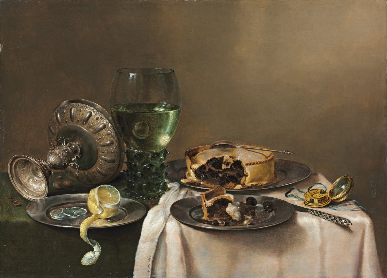 Pronk csendélet, roemerrel, felfordított ezüst tazzával, félig meghámozott citrommal óntányéron, pitével, időmérővel és késsel, 1631 alkotó: Willem Claesz. Heda