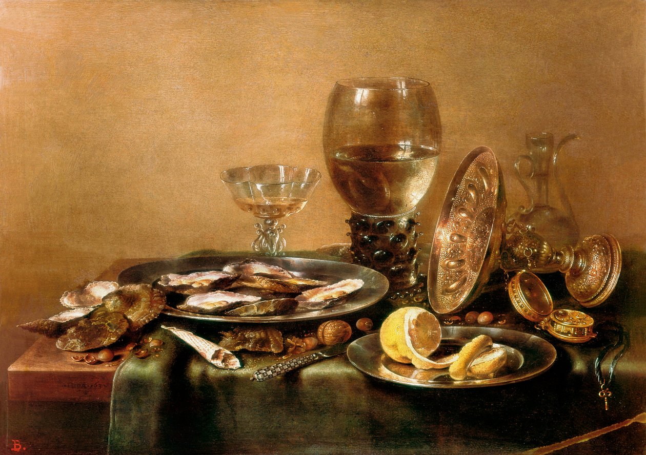 Csendélet osztrigából, citromból, üvegből és arany étkészletből alkotó: Willem Claesz. Heda