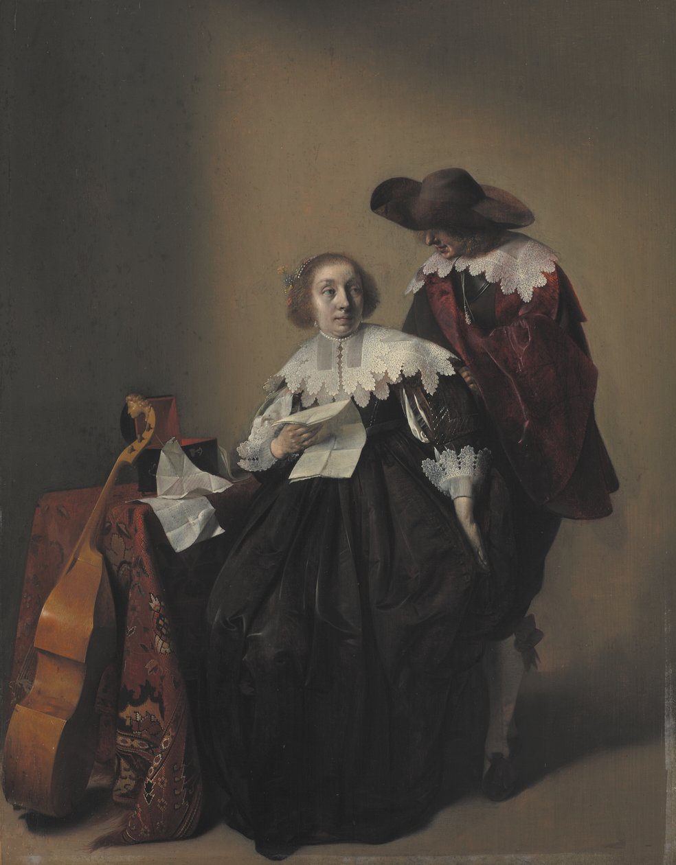 Egy ülő nő levéllel, egy úriember, aki mellette áll alkotó: Willem Cornelisz Duyster