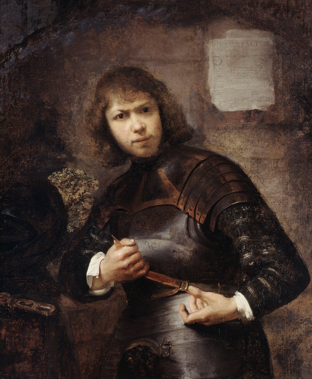 Egy katona háromnegyed hosszában áll, becsatolja az övét, alkotó: Willem Drost