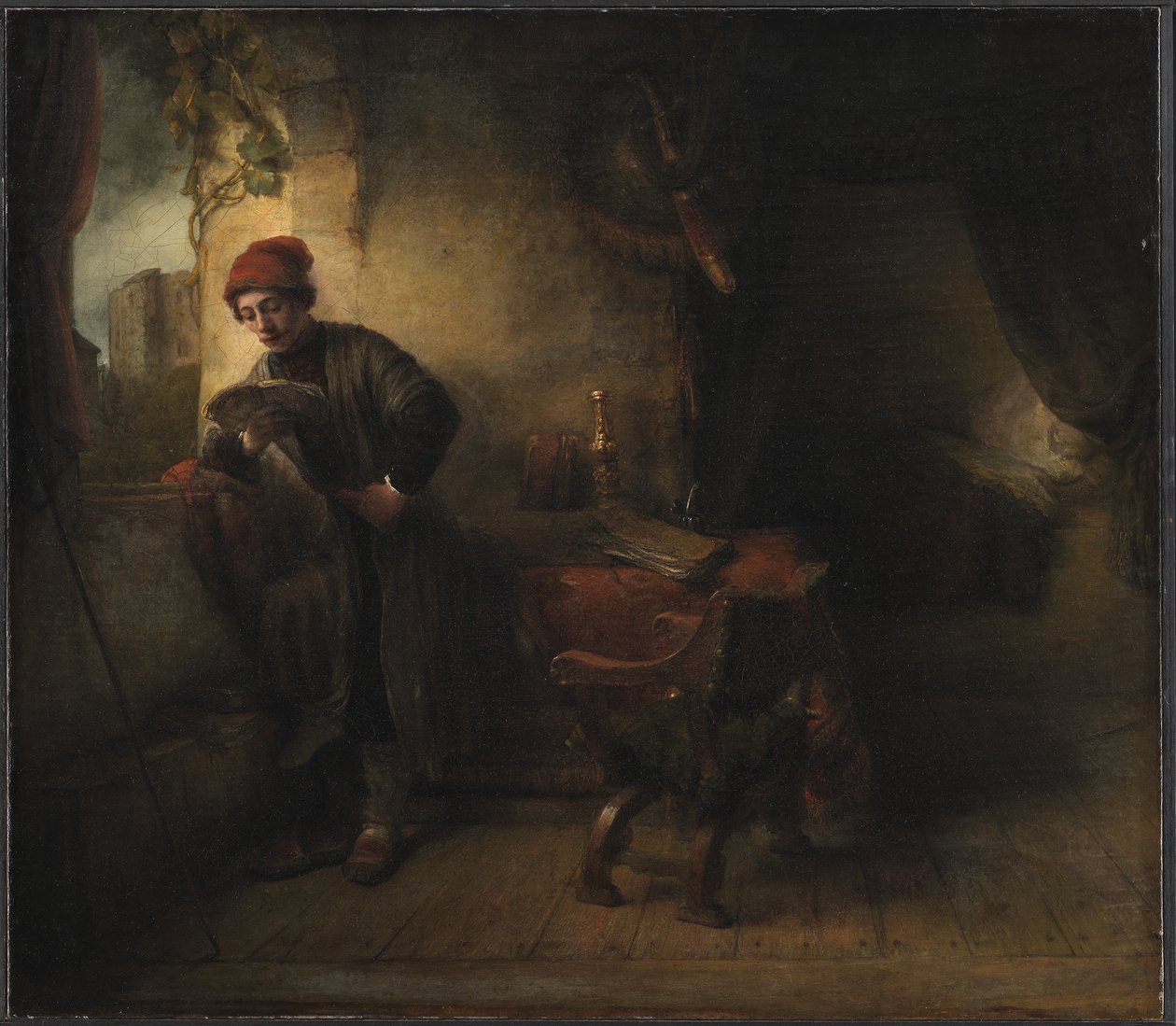 Fiatalember az ablakban, tanulmányi felolvasásában, „A diák” néven ismert alkotó: Willem Drost