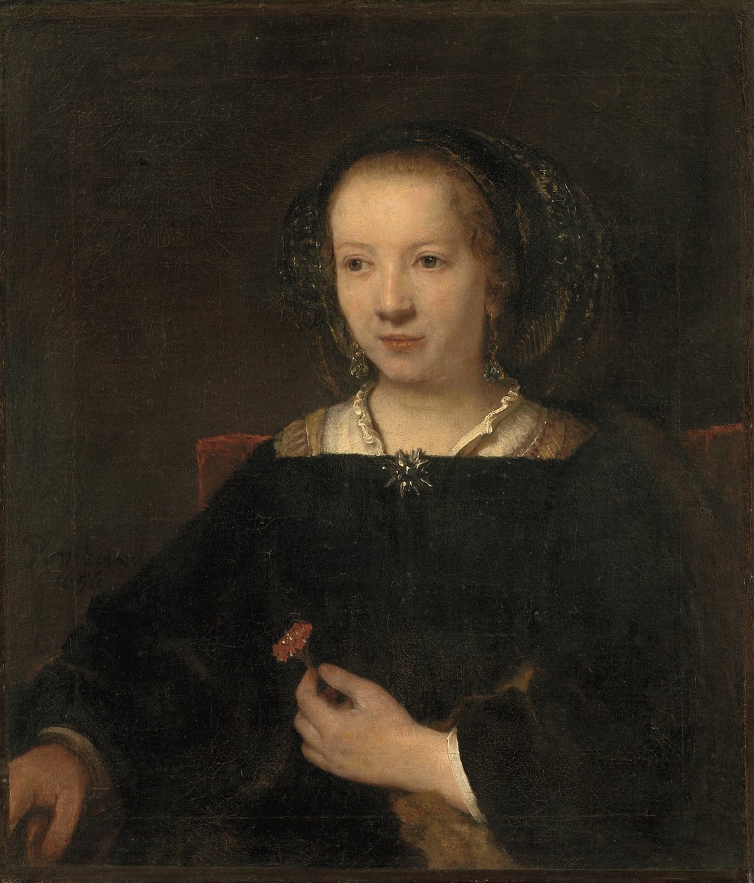 Fiatal nő egy szegfűvel alkotó: Willem Drost