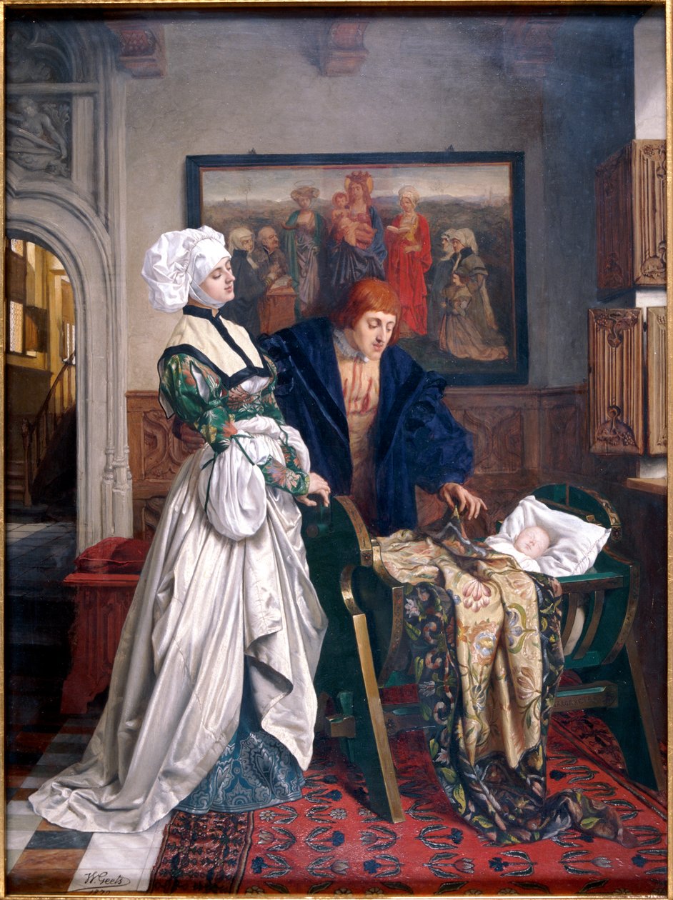 „V. Károly és Jean Vandergheynst Marguerite lányuk bölcsőjénél”, 1870. alkotó: Willem Geets