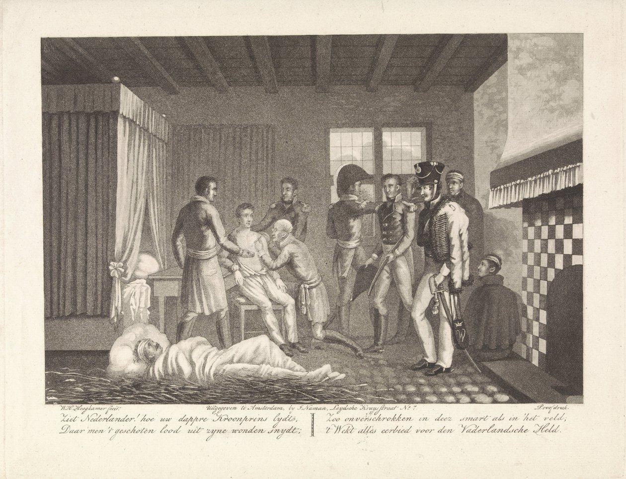Orange hercege a tábori kórházban szerzett sebesülése után, 1815 alkotó: Willem Hendrik Hoogkamer