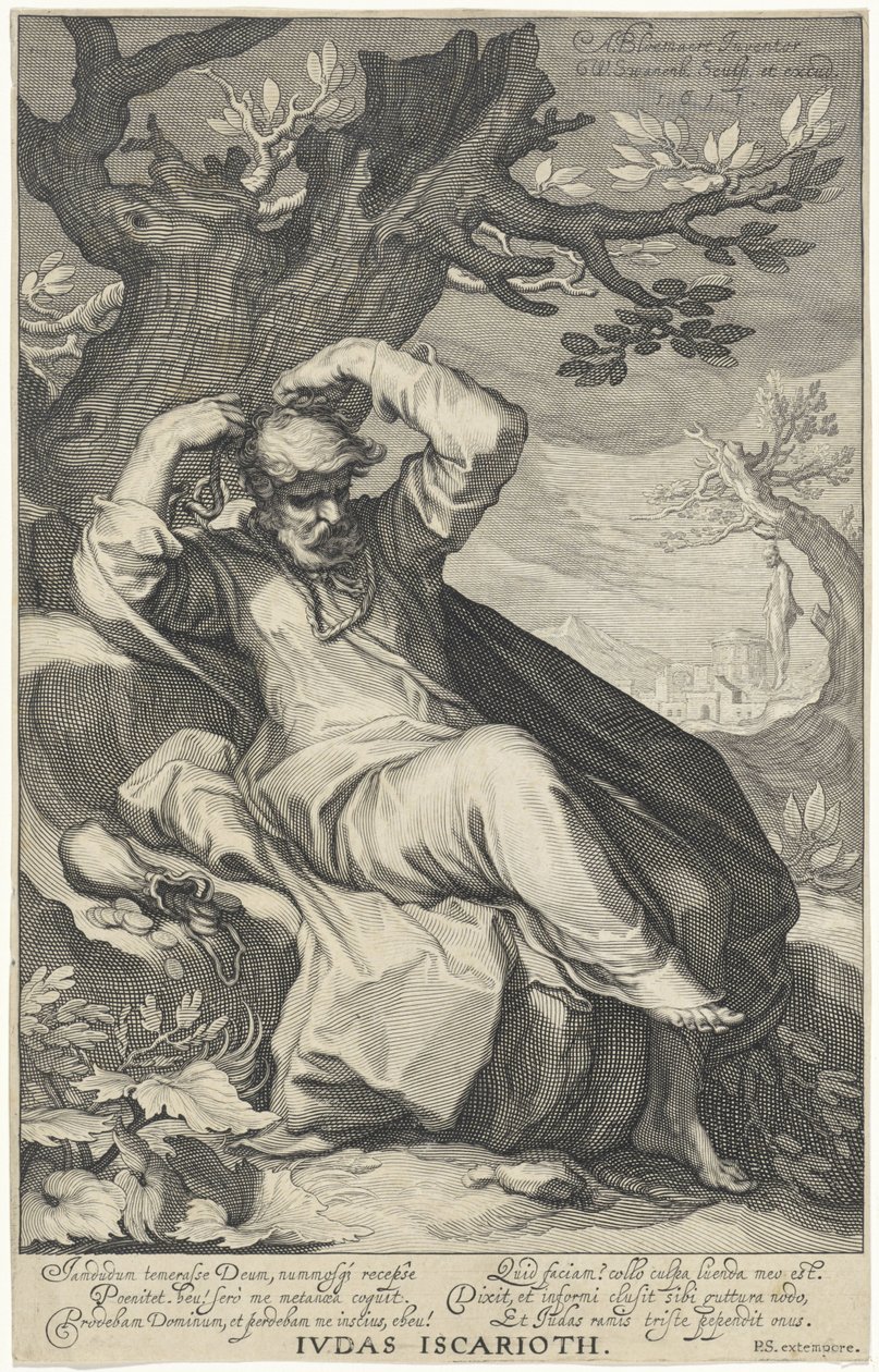 Iskariótes Júdás felakasztja magát Iskariótes Júdás (cím a tárgyon) Bűnösök az Ó- és Újszövetségből (sorozat címe) alkotó: Willem Isaacsz. van Swanenburg