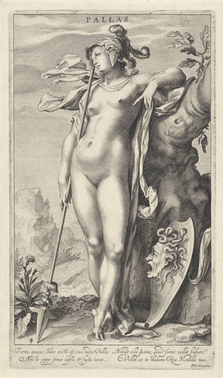 Minerva egy fa mellett Pallas (cím a tárgyon) Párizsi ítélet (sorozat címe) alkotó: Willem Isaacsz. van Swanenburg