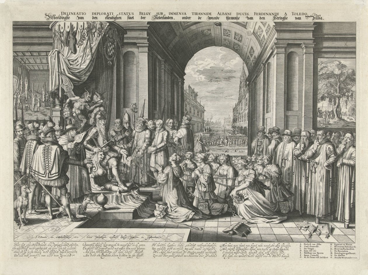 Alba zsarnoksága, 1569 körül Delineatio deplorati status Belgy sub immensa tyrannide Albani ducis, Ferdinandi a Toledo (cím a tárgyon) Hollandia nyomorúságos államának képe, az albai Hertoghe kegyetlen zsarnoksága alatt (cím: alkotó: Willem Jacobsz Delff (attributed to)