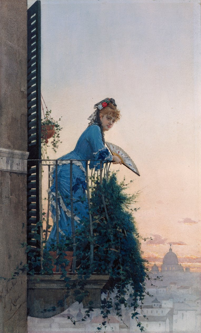 Elegáns szépség a Rómára néző erkélyen, a távolban Szent Péter kupolával alkotó: Willem Johannes Martens