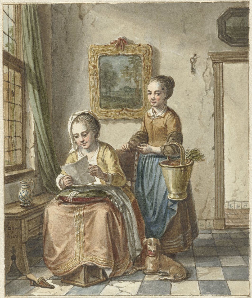Ülő nő szobalánnyal, levelet olvas alkotó: Willem Joseph Laquy