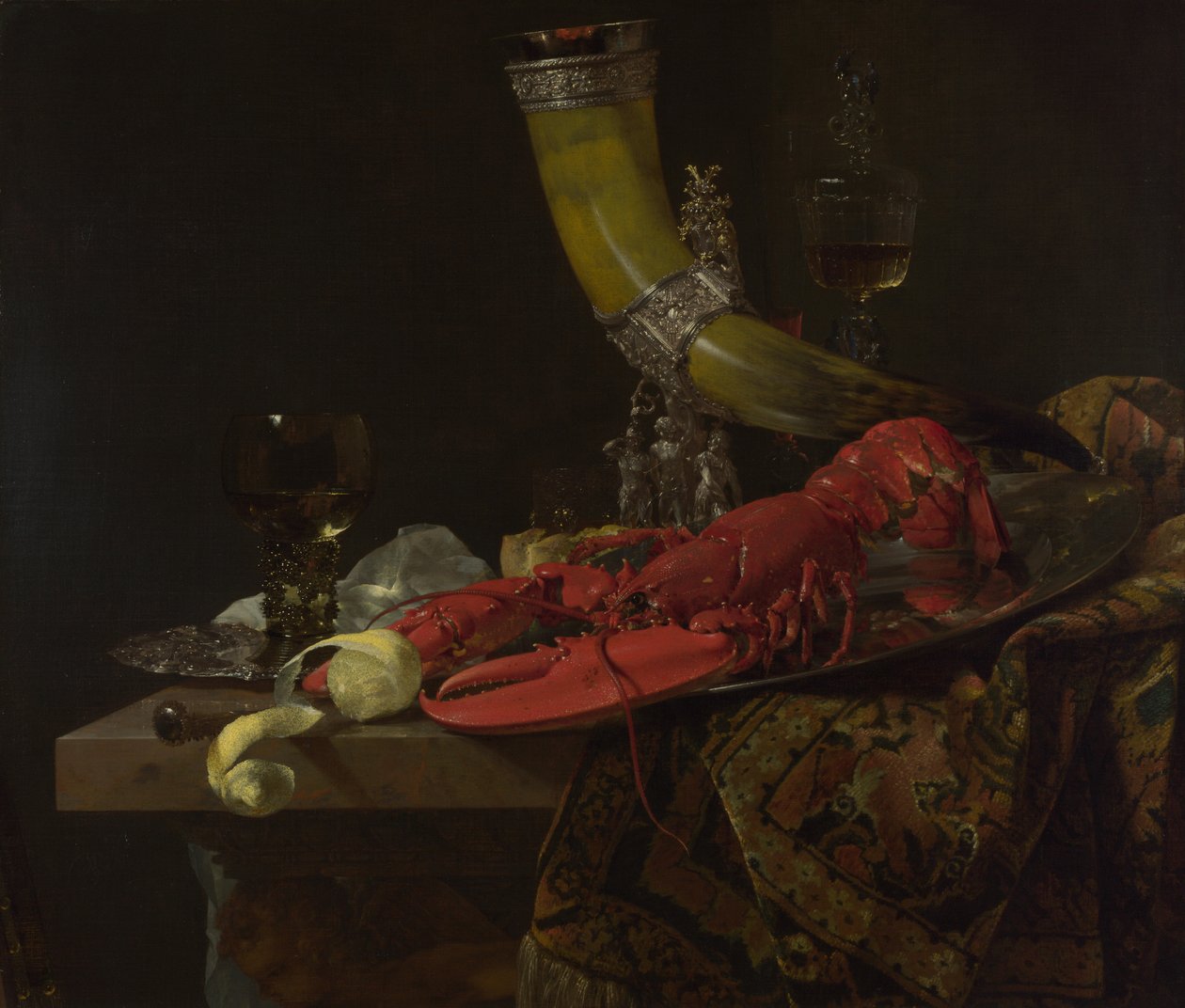 Csendélet a Szent Sebestyén íjászcéh ivókürtjével, Homár és poharak, c. 1653 alkotó: Willem Kalf