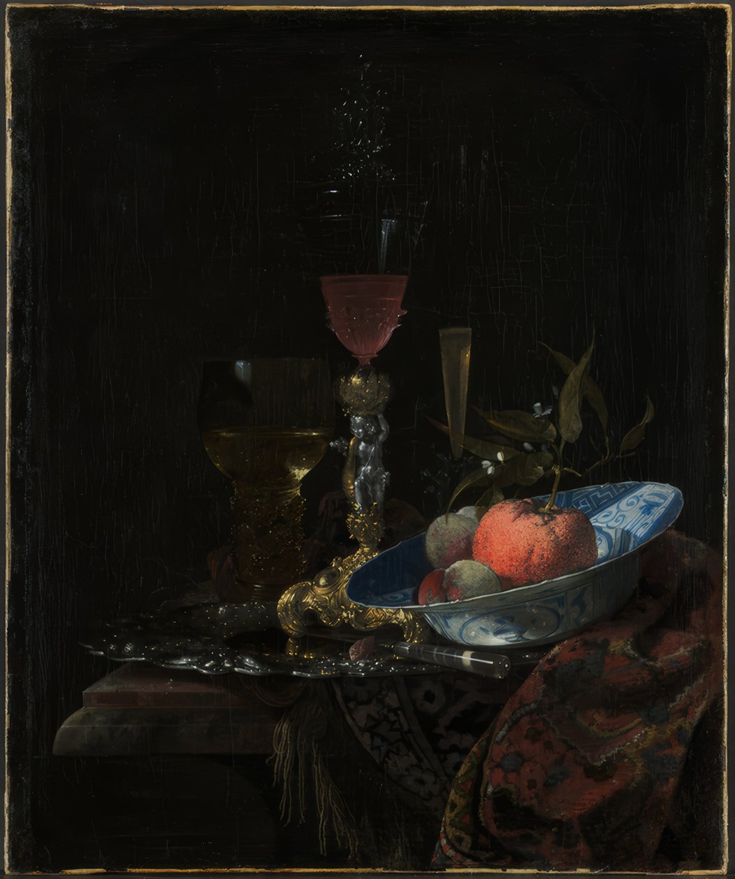 Borospohár és egy tál gyümölcs alkotó: Willem Kalf