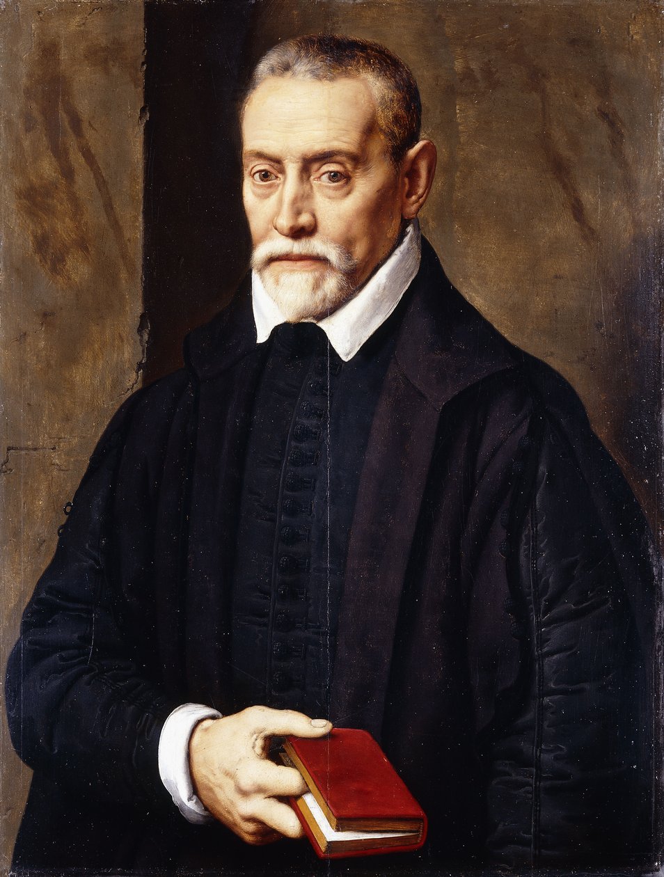 Egy akadémikus portréja, félalakos, fekete jelmezben, kezében könyvvel, alkotó: Willem Key
