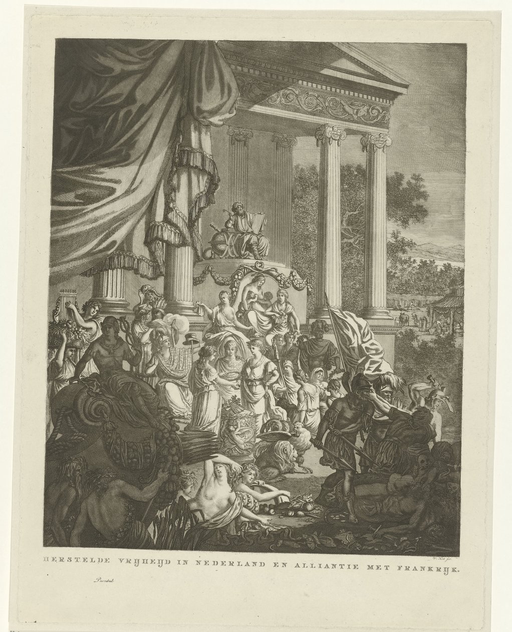 Hollandia és Franciaország szövetségének allegorikus ábrázolása, 1795 Visszaállított szabadság Hollandiában és szövetség Franciaországgal (cím a tárgyon) alkotó: Willem Kok