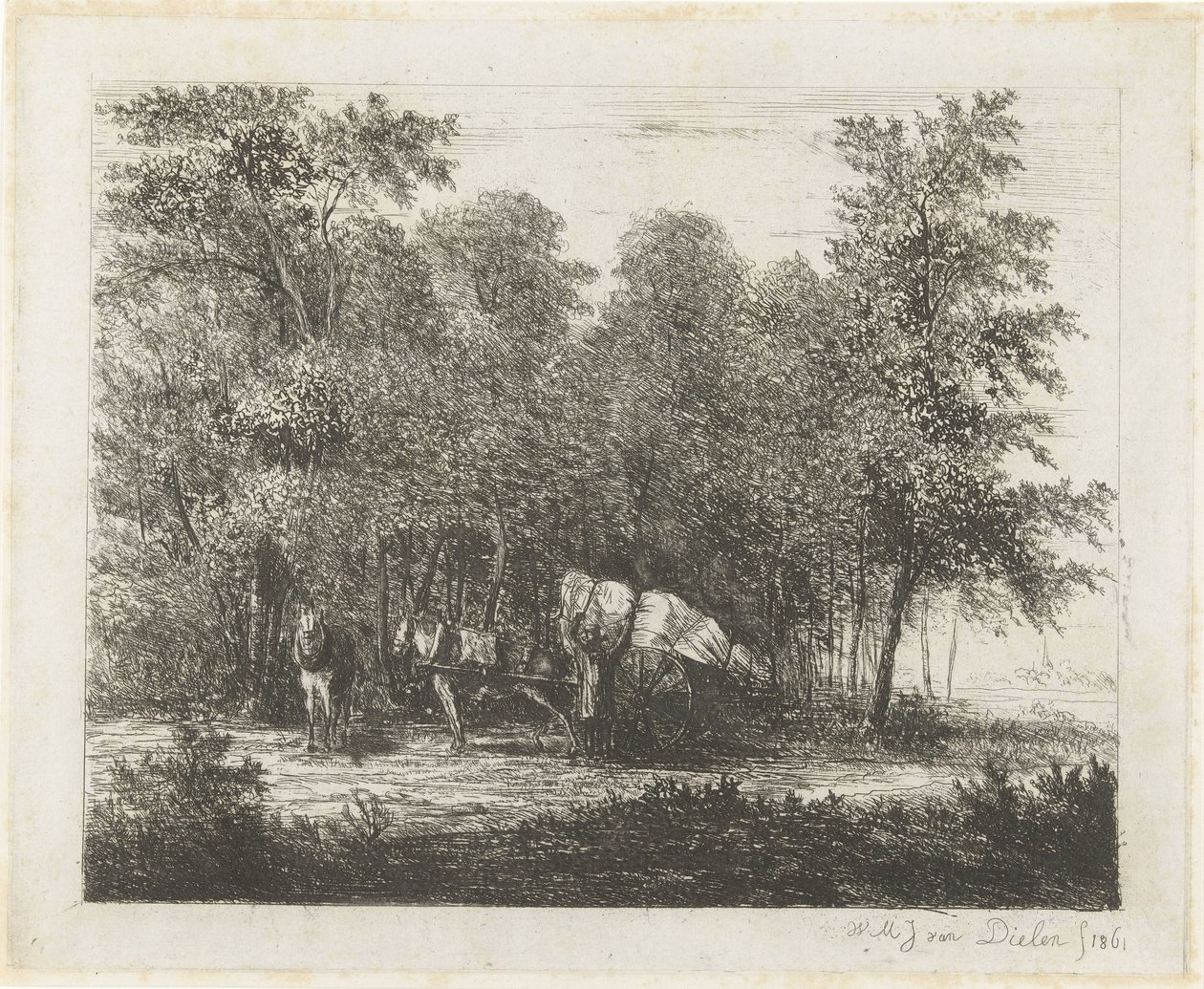 Tájkép egy férfival egy teljesen megrakott szekérrel és egy befogott lóval alkotó: Willem Matthias Jan van Dielen