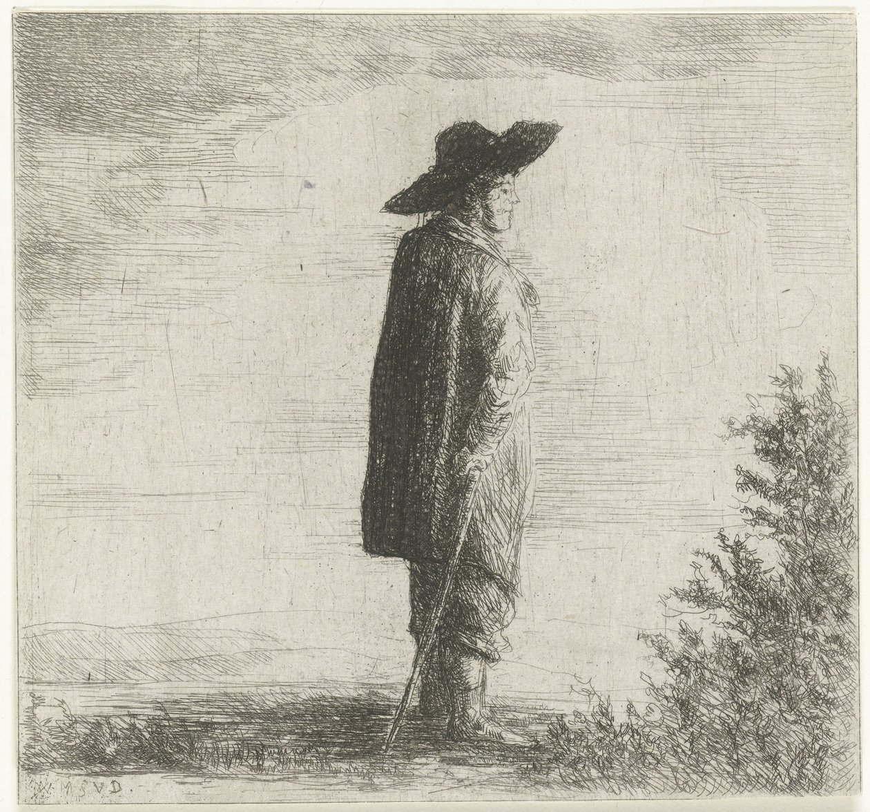 Férfi kalappal és bottal a tájban alkotó: Willem Matthias Jan van Dielen