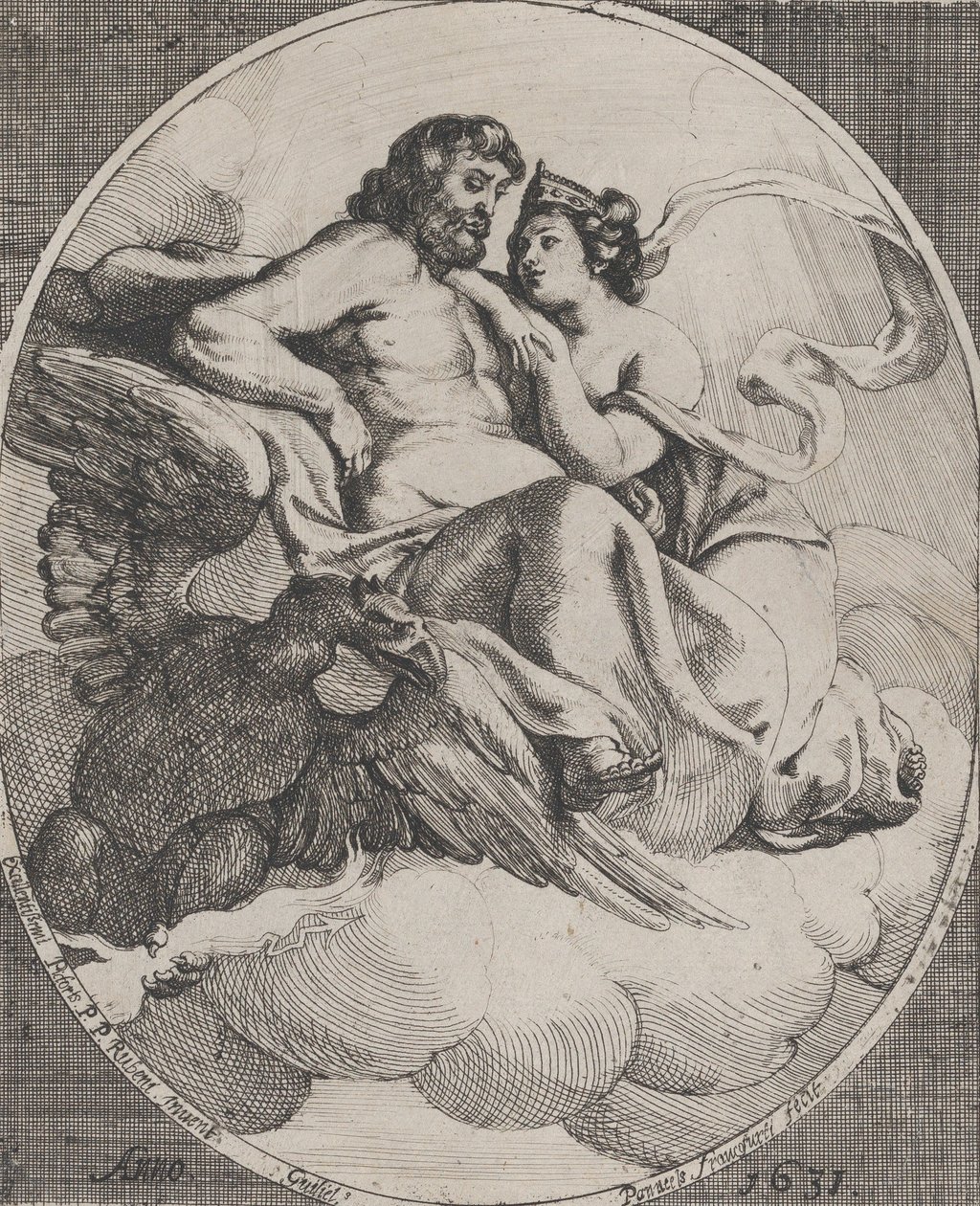Jupiter és Juno a felhőkön ülve, bal oldalon villámokat tartó sassal, 1631. alkotó: Willem Panneels