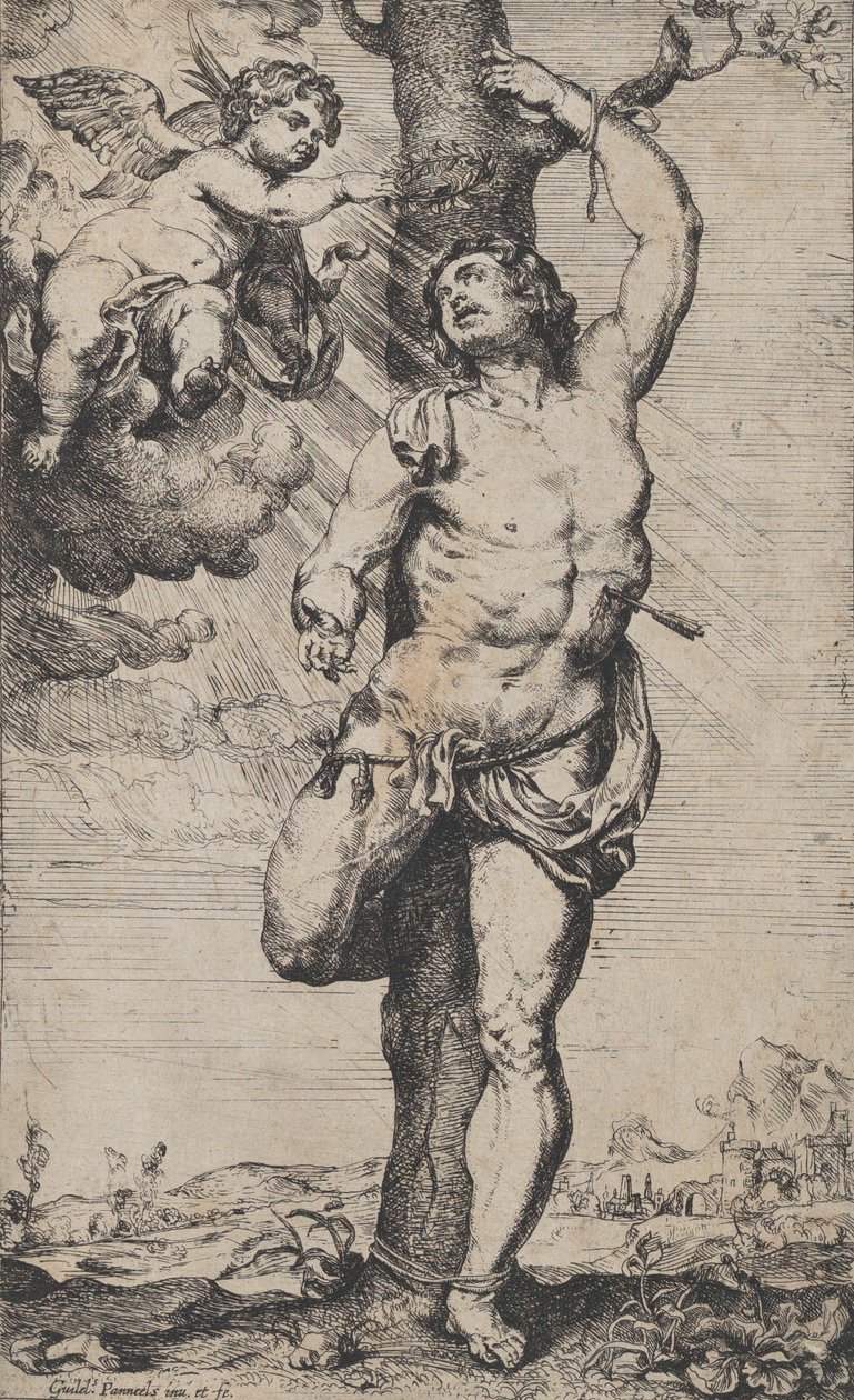 Szent Sebestyén vértanúsága, a bal felső sarokban angyalok koronázták meg, kb. 1620-32... alkotó: Willem Panneels