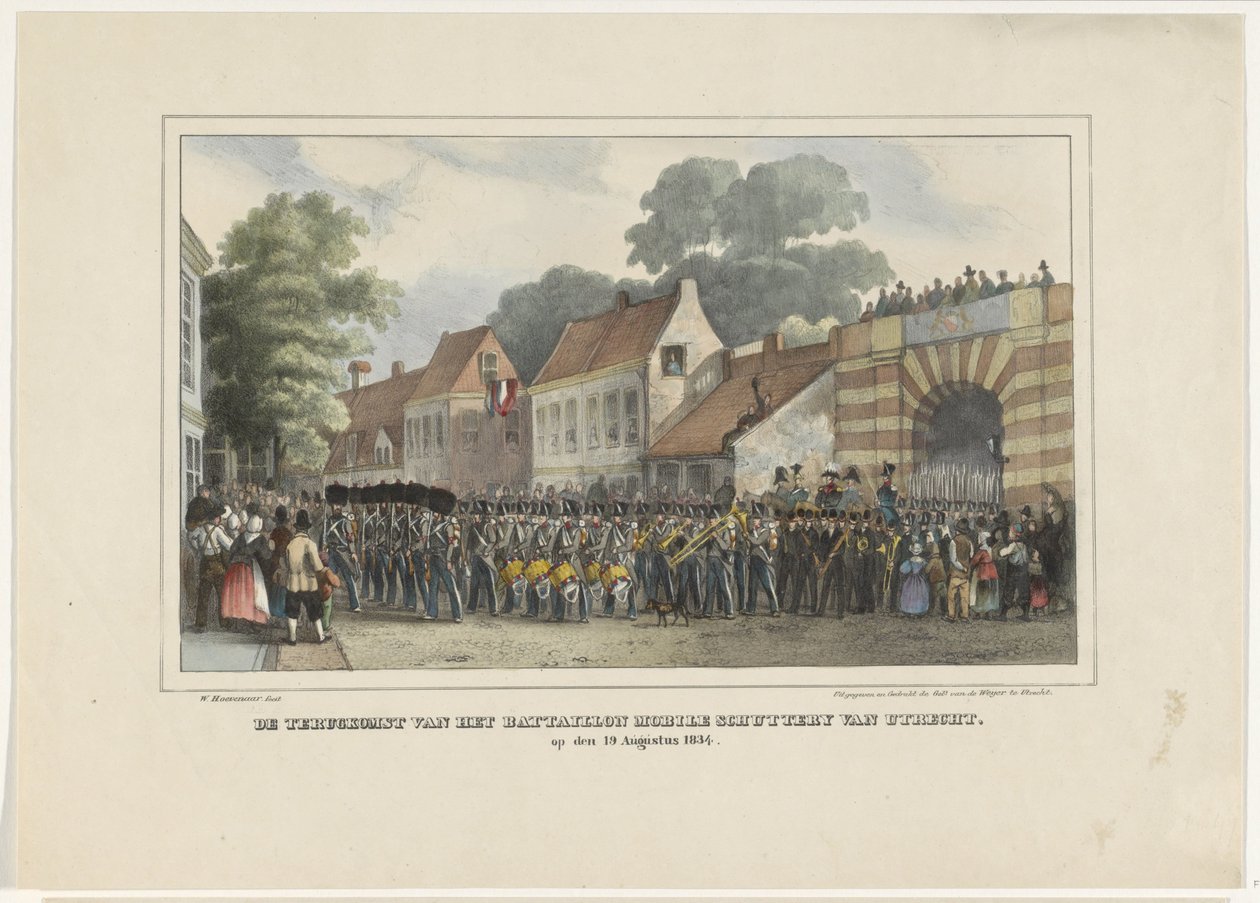 Az utrechti Bataillon Mobile Schuttery visszatérése, 1834. augusztus 19-én (cím a tárgyon) alkotó: Willem Pieter Hoevenaar
