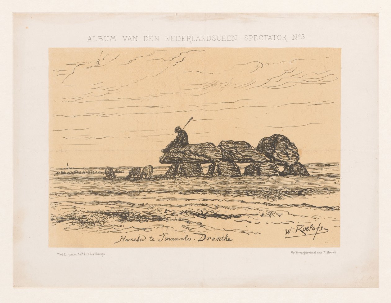Hunebed a drenthei Tynaarlóban Hunebed Tinaarlóban. Drenthe (cím az objektumon) Album van den Nederlandschen spectator No 3 (sorozat címe) alkotó: Willem Roelofs (I)