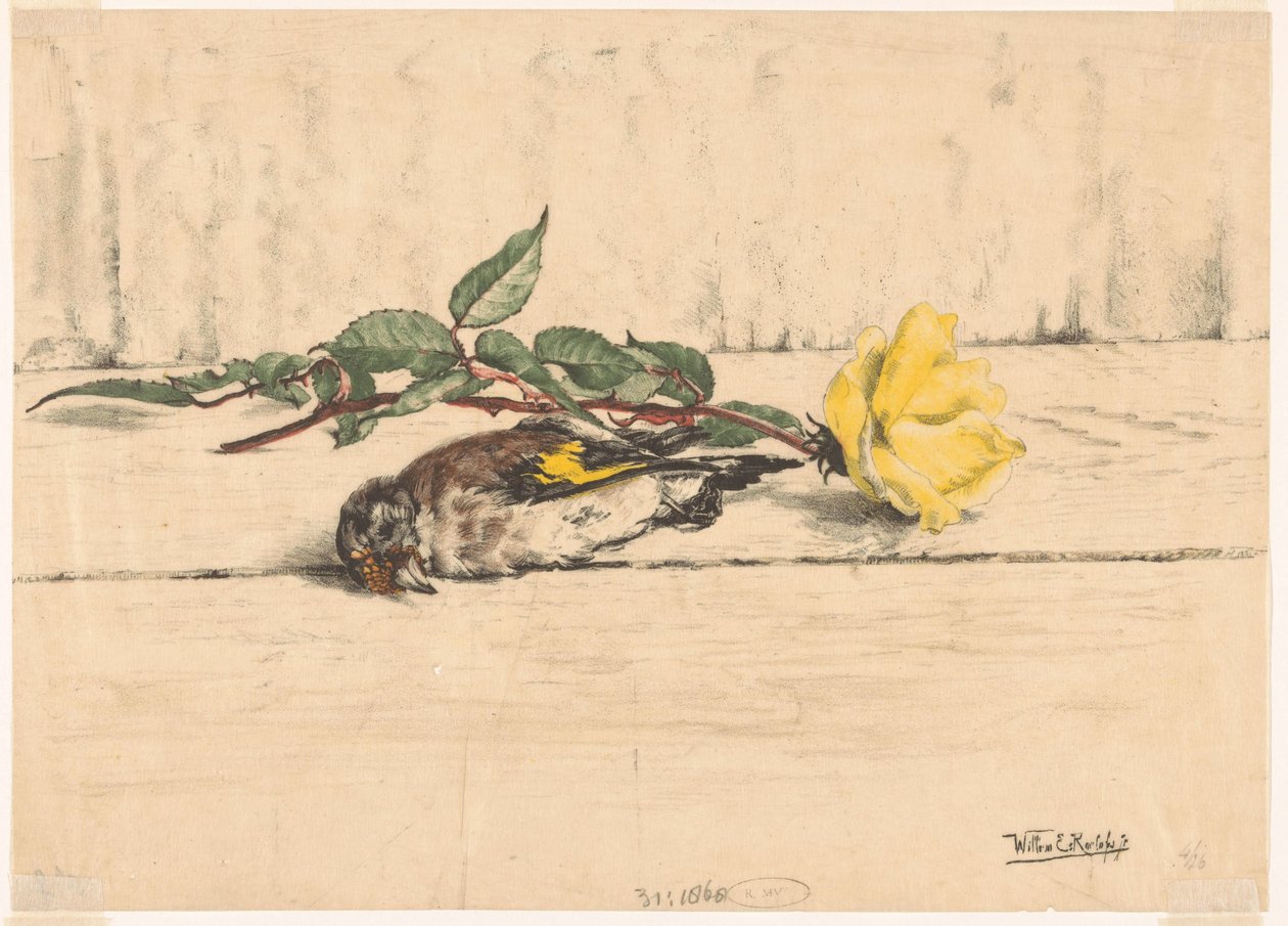 Döglött aranypinty egy rózsa mellett hever alkotó: Willem Roelofs (II) (signed by artist)