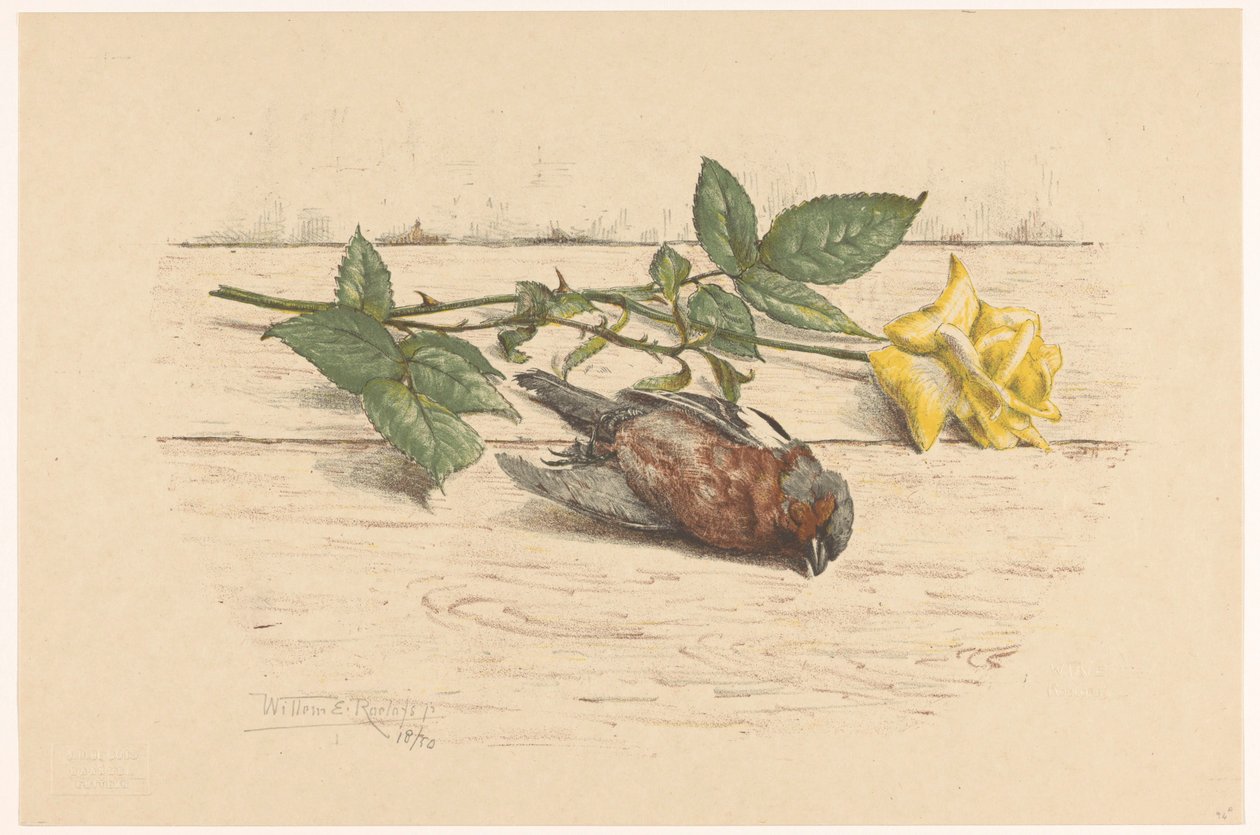 Döglött pinty egy rózsa mellett hever alkotó: Willem Roelofs (II) (signed by artist)