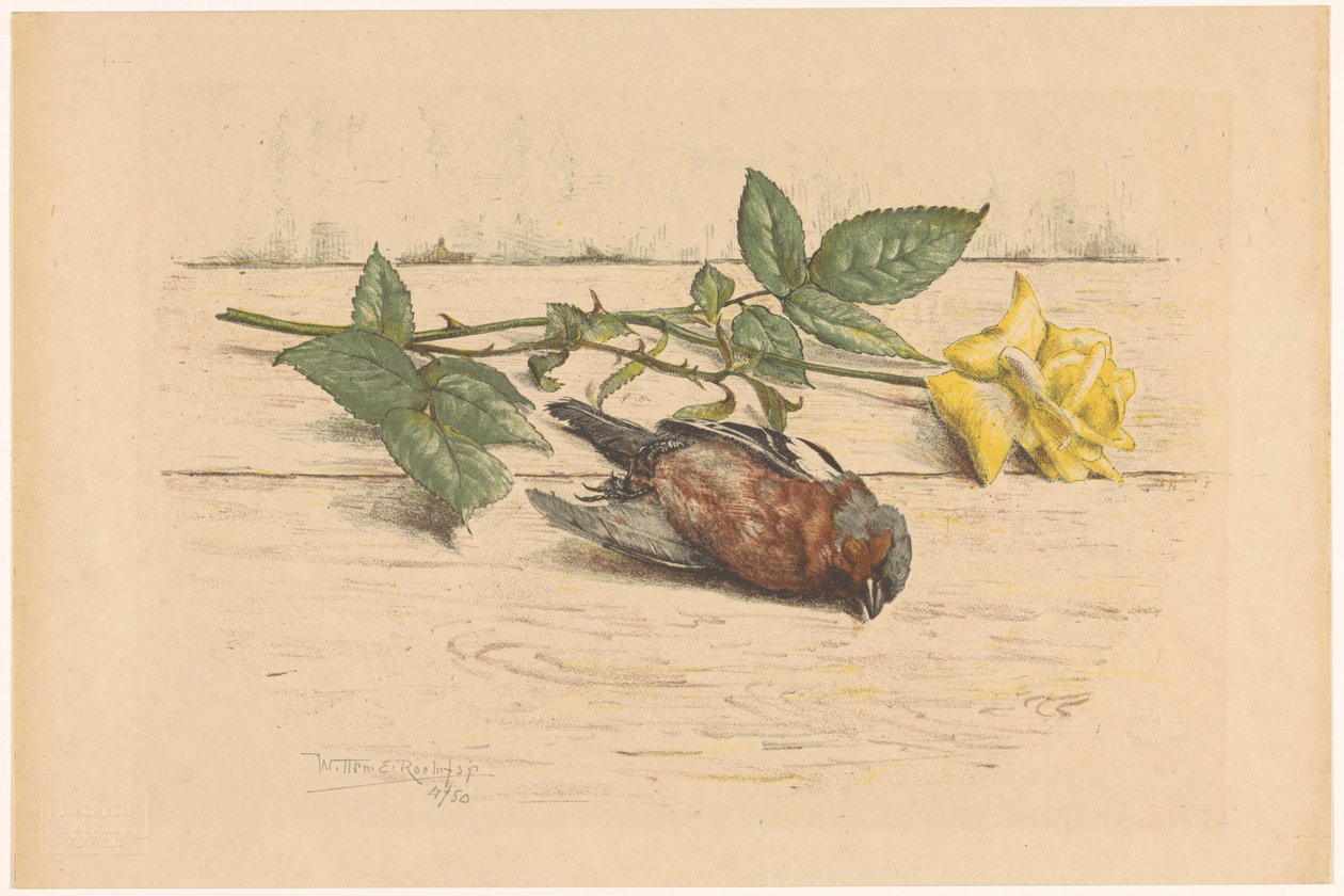 Döglött pinty hever egy rózsa mellett alkotó: Willem Roelofs (II) (signed by artist)