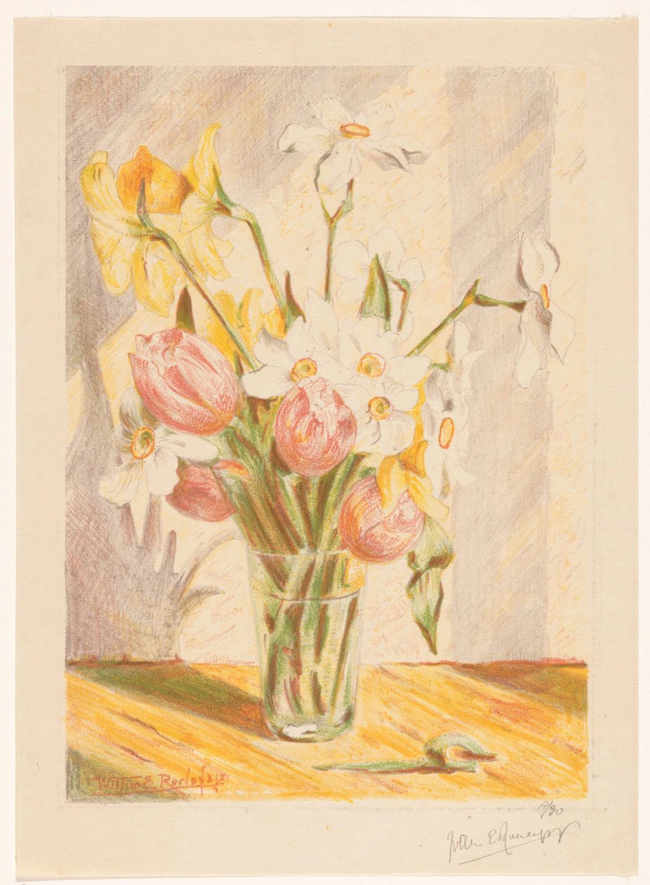 Tulipánok és nárciszok vázában alkotó: Willem Roelofs (II) (signed by artist)